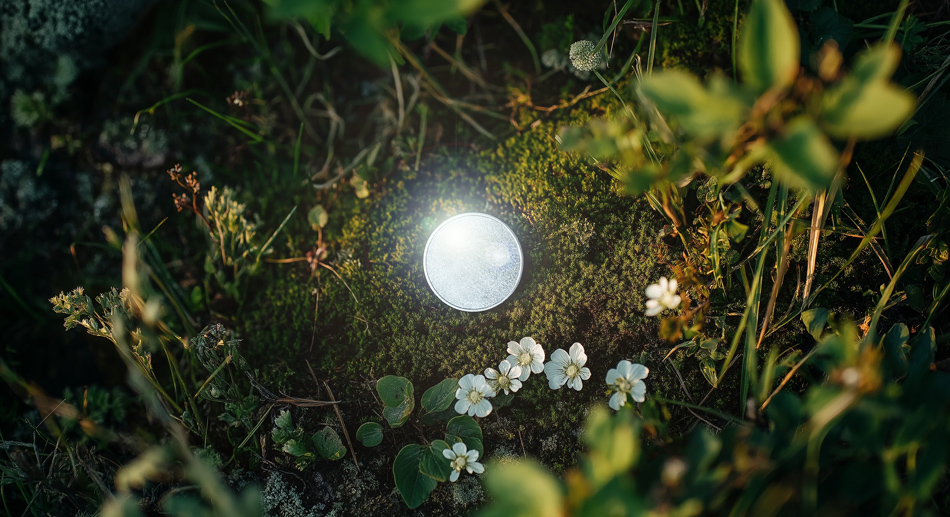 Sudraba kolekcijas monēta ar spīdošu virsmu, novietota uz zaļām sūnām un baltām ziedlapiņām dabas vidē