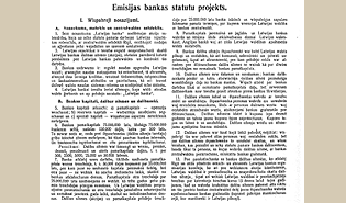 Emisijas bankas statūtu projekts. Ekonomists. 1921, Nr. 12 (15.06.1921.), 481.–485. lpp.
