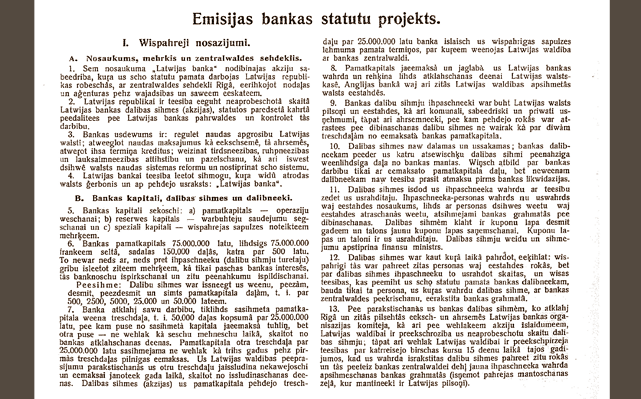 Emisijas bankas statūtu projekts. Ekonomists. 1921, Nr. 12 (15.06.1921.), 481.–485. lpp. 